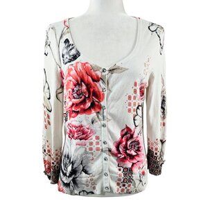 White House Black Market Ivory Floral Beaded Scoop Neck Snap Cardigan Romantic